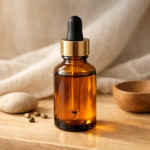 Bouteille d’huile CBD premium sur bois clair avec tissu en lin