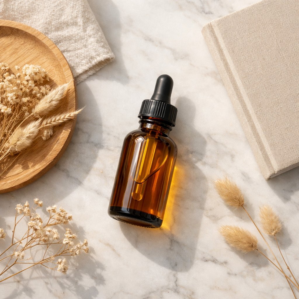 Vue flat-lay d’une bouteille d’huile CBD avec accessoires naturels sur marbre