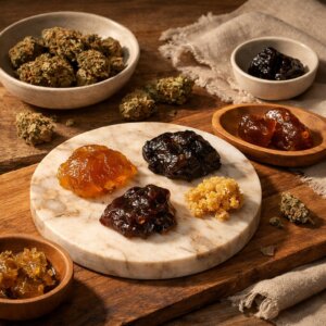 Scène éditoriale statique avec fleurs et résine CBD sur bois et marbre naturel