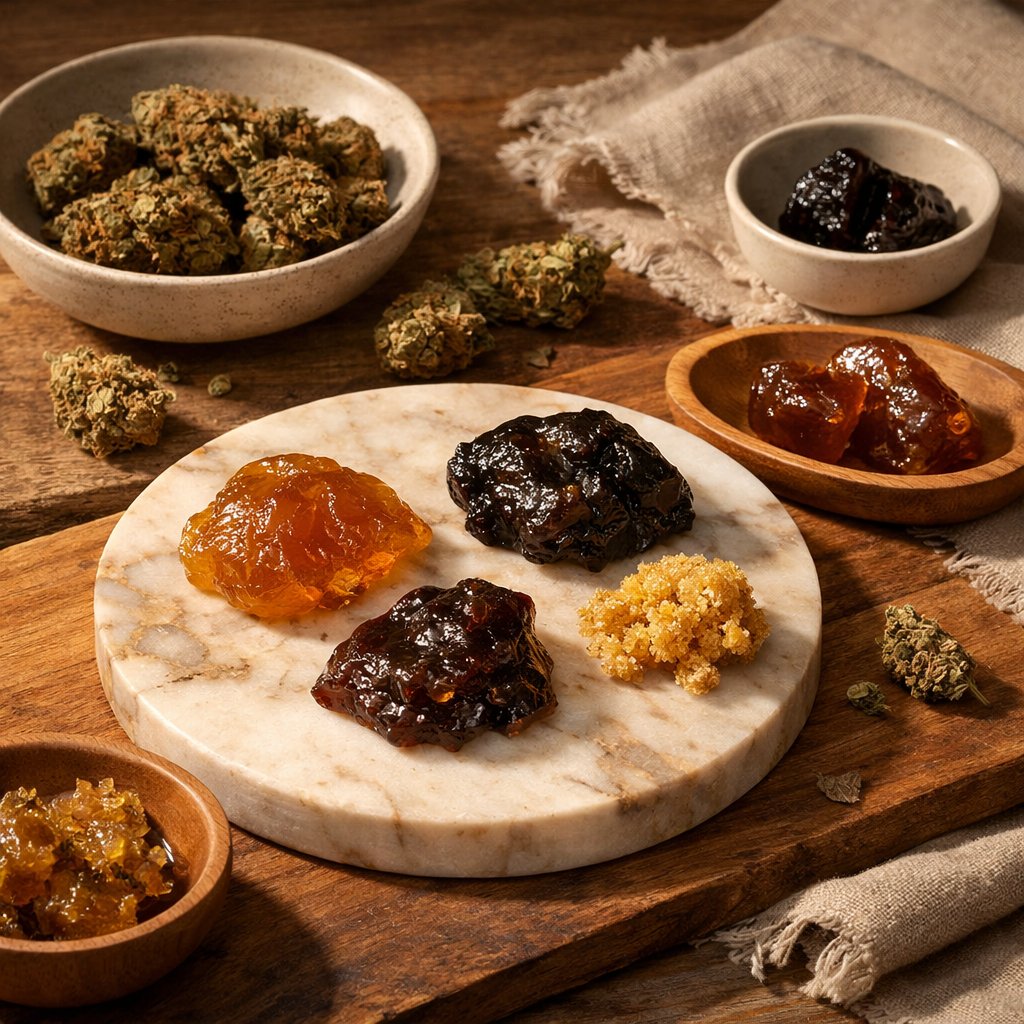 Scène éditoriale statique avec fleurs et résine CBD sur bois et marbre naturel