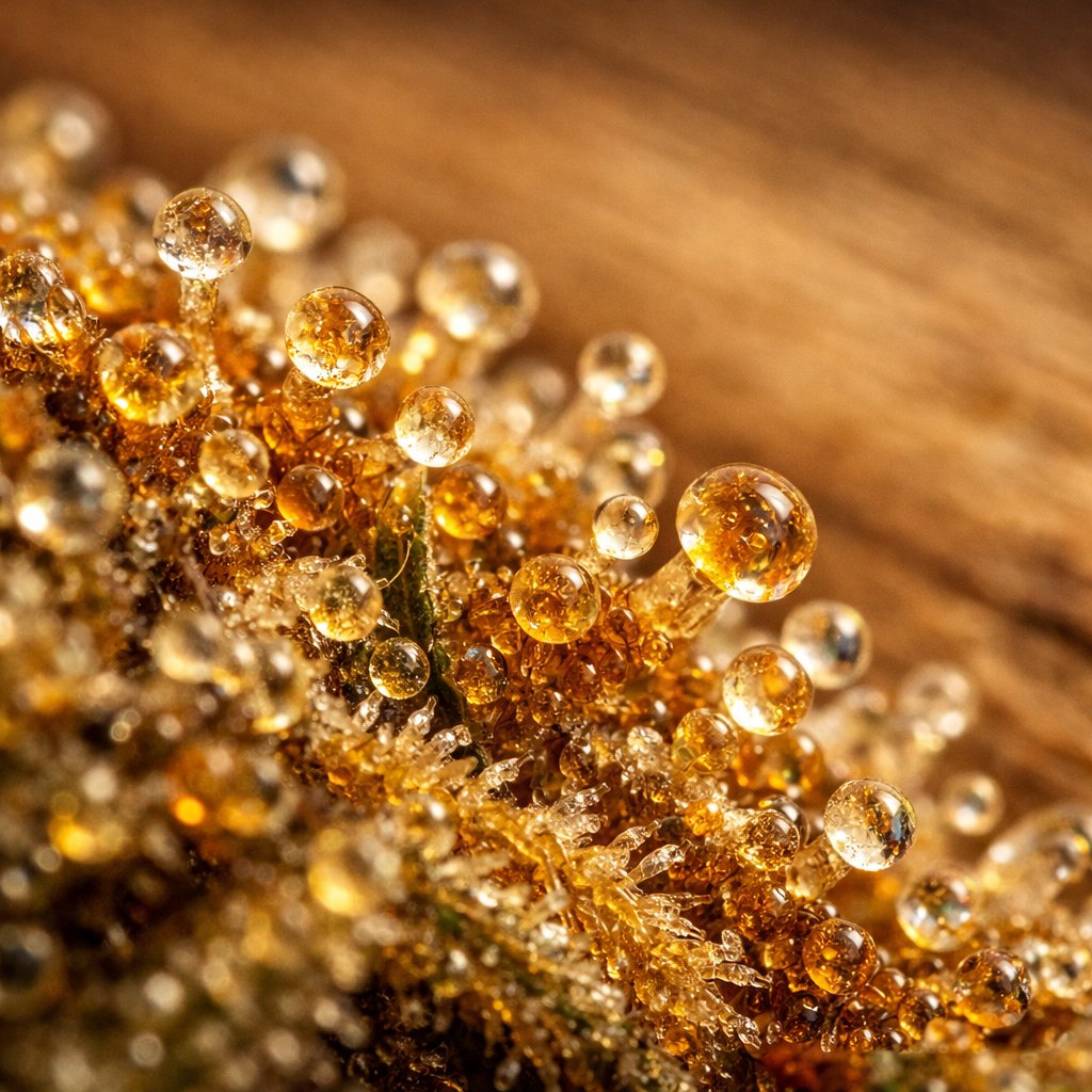 Macro ultra détaillée des trichomes cristallins sur résine CBD