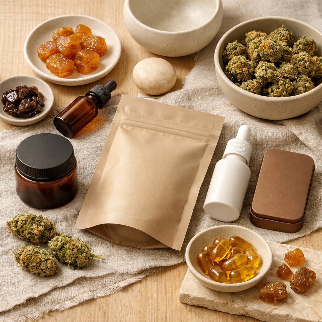 Flat lay avec assortiment de produits CBD sur bois clair et lin