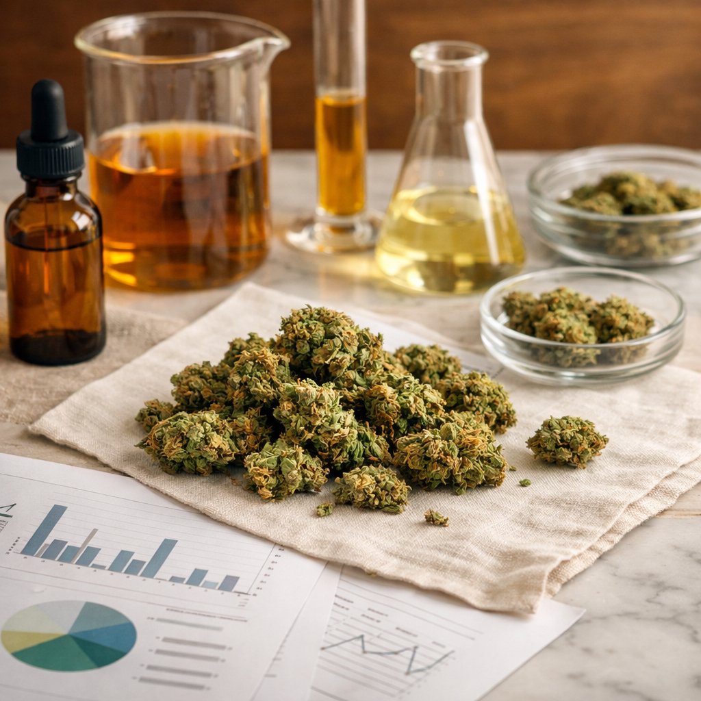 Composition statique de fleurs de CBD sèches avec verrerie de laboratoire et rapports d’analyse imprimés