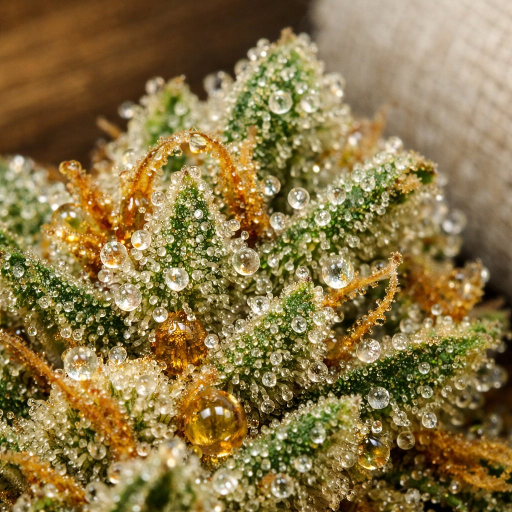 Détail macro des trichomes et résine sur une fleur de CBD