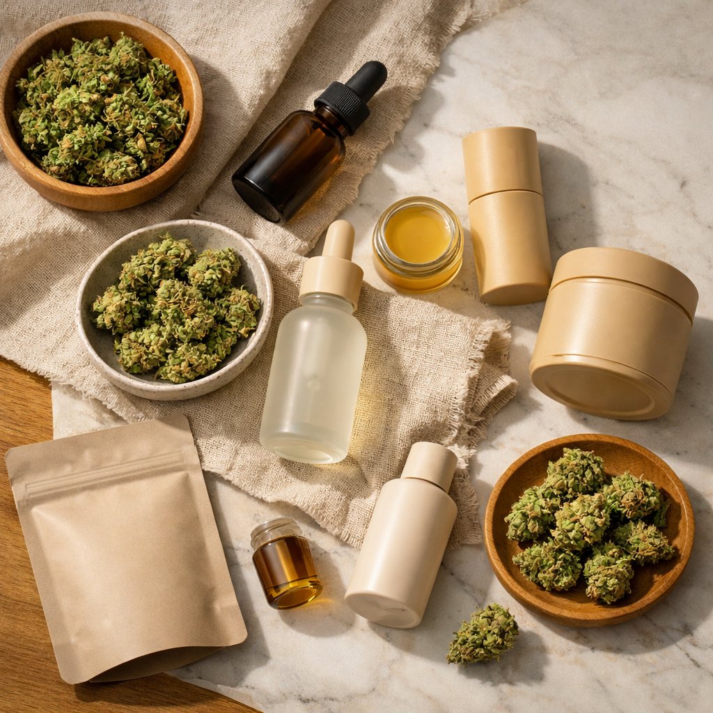 Vue zénithale d’un assortiment de fleurs de CBD et emballages neutres