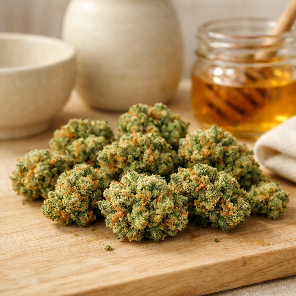 Gros plan sur des mini buds Mandala CBD denses sur bois clair