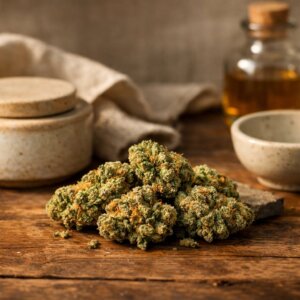 Petits bourgeons CBD résineux sur bois clair avec accessoires neutres