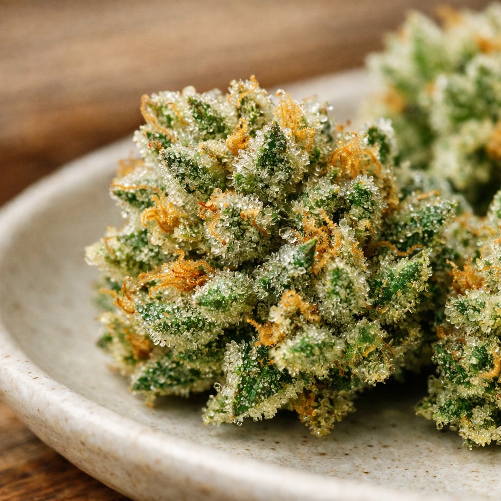 Détail macro des trichomes et résine ambre des small buds CBD