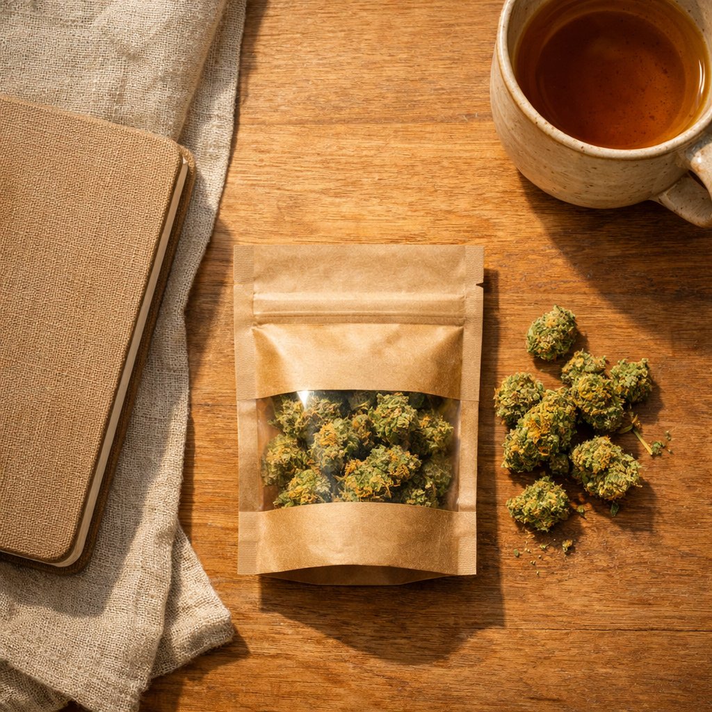 Vue zénithale small buds CBD avec carnet et tasse sur bois clair