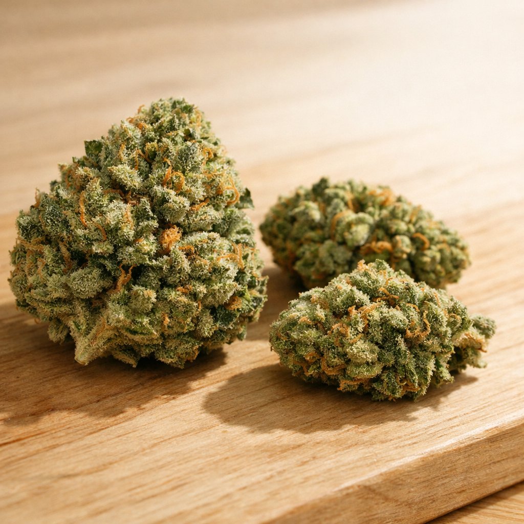 Fleurs séchées de Northern Lights CBD sur surface en bois naturel
