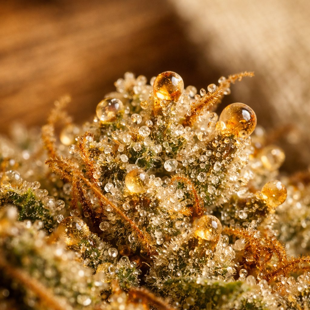 Détail macro des trichomes résineux de la Northern Lights CBD