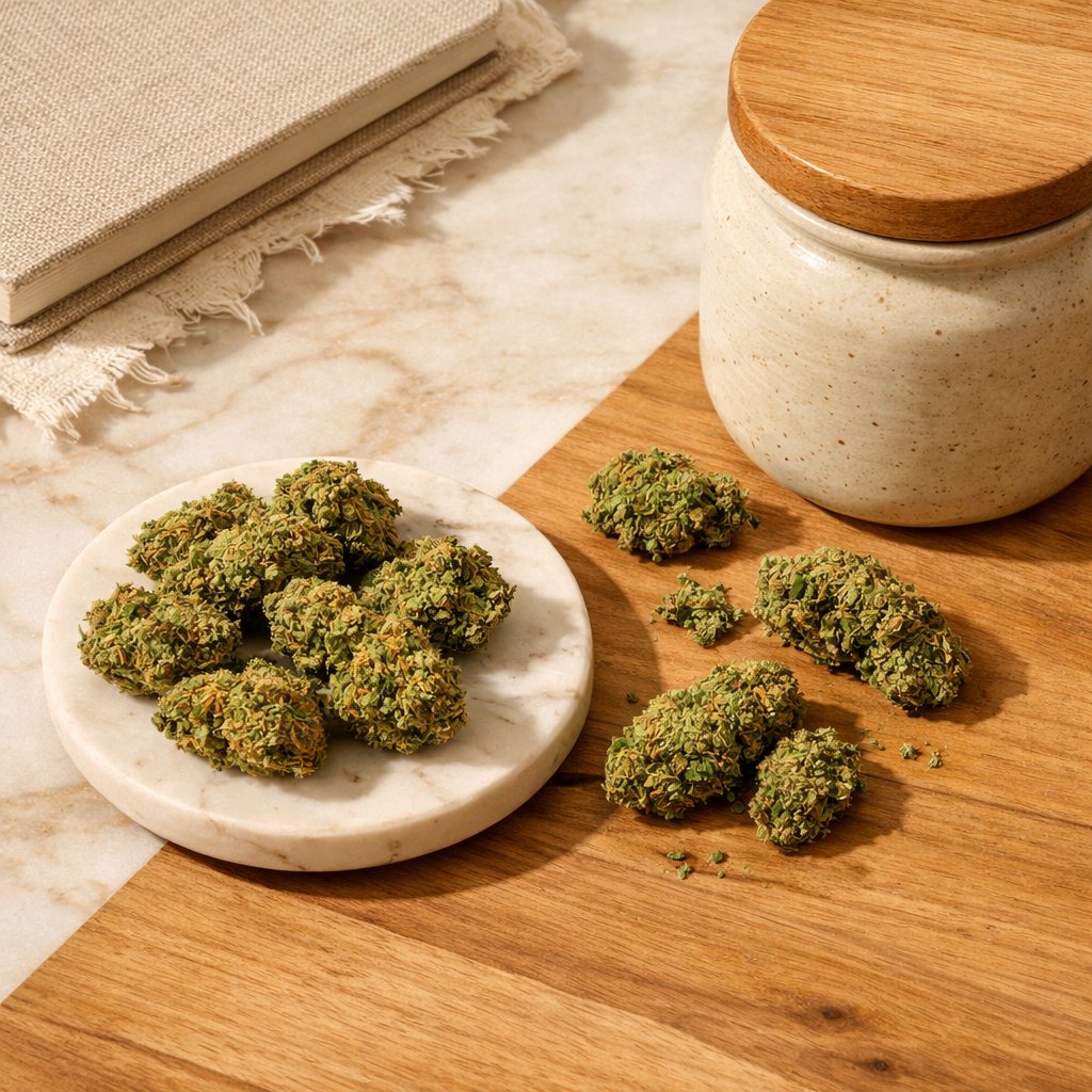 Composition flat-lay Northern Lights CBD avec accessoires lifestyle naturels