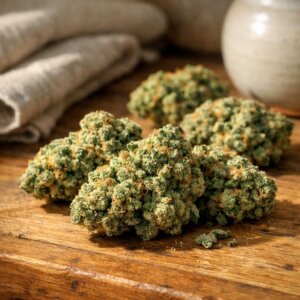 Scène ambient avec fleurs séchées OG Kush CBD sur bois naturel