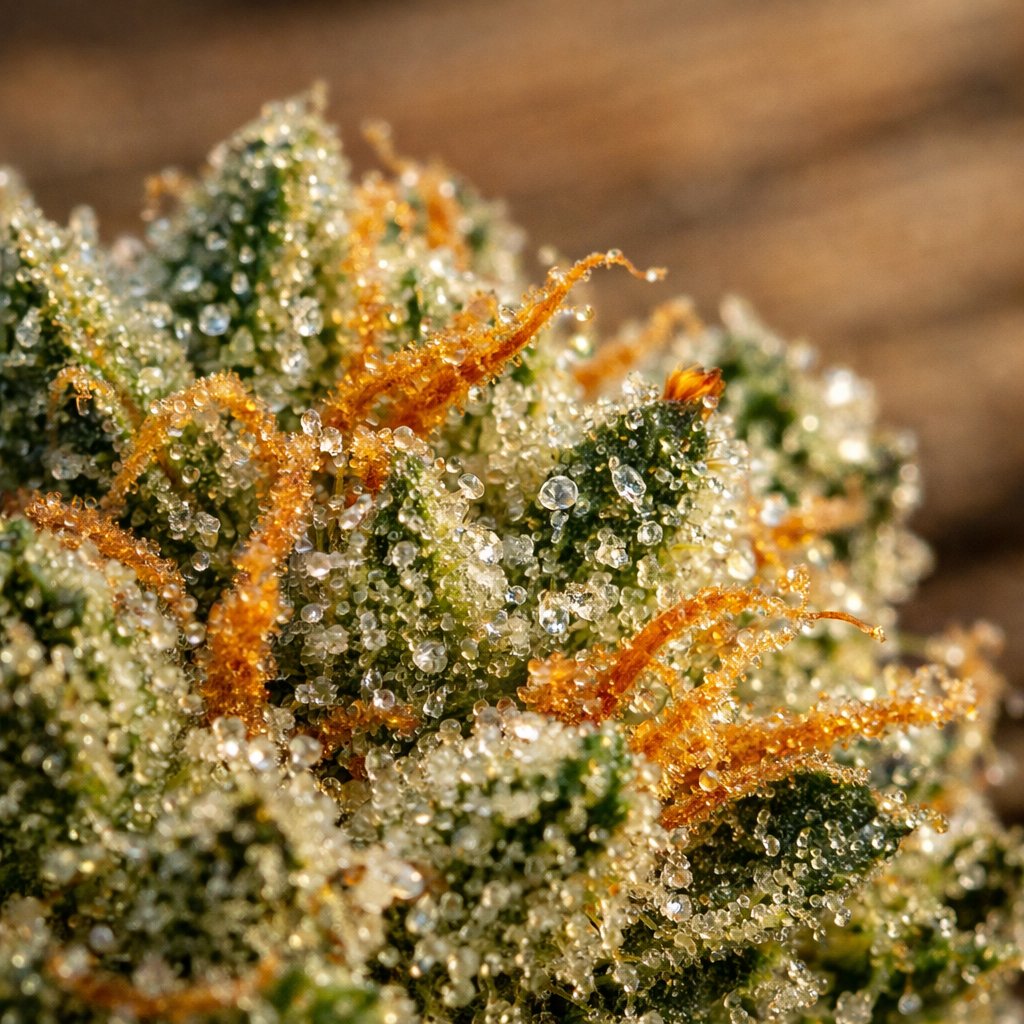 Gros plan macro sur trichomes et résine OG Kush CBD