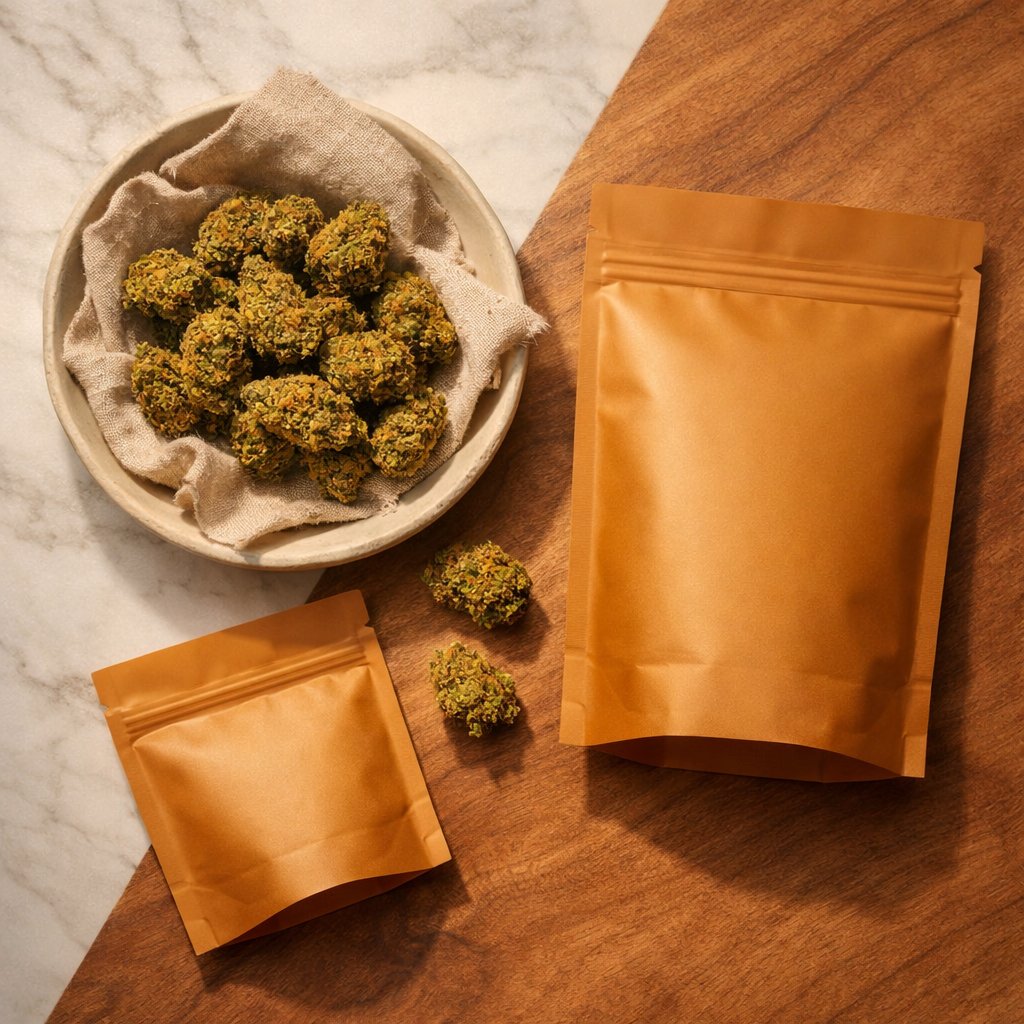 Bodegón zénithal avec fleurs OG Kush CBD et packaging mat