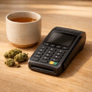 Terminal de paiement élégant posé sur une surface en bois clair avec des fleurs CBD à côté