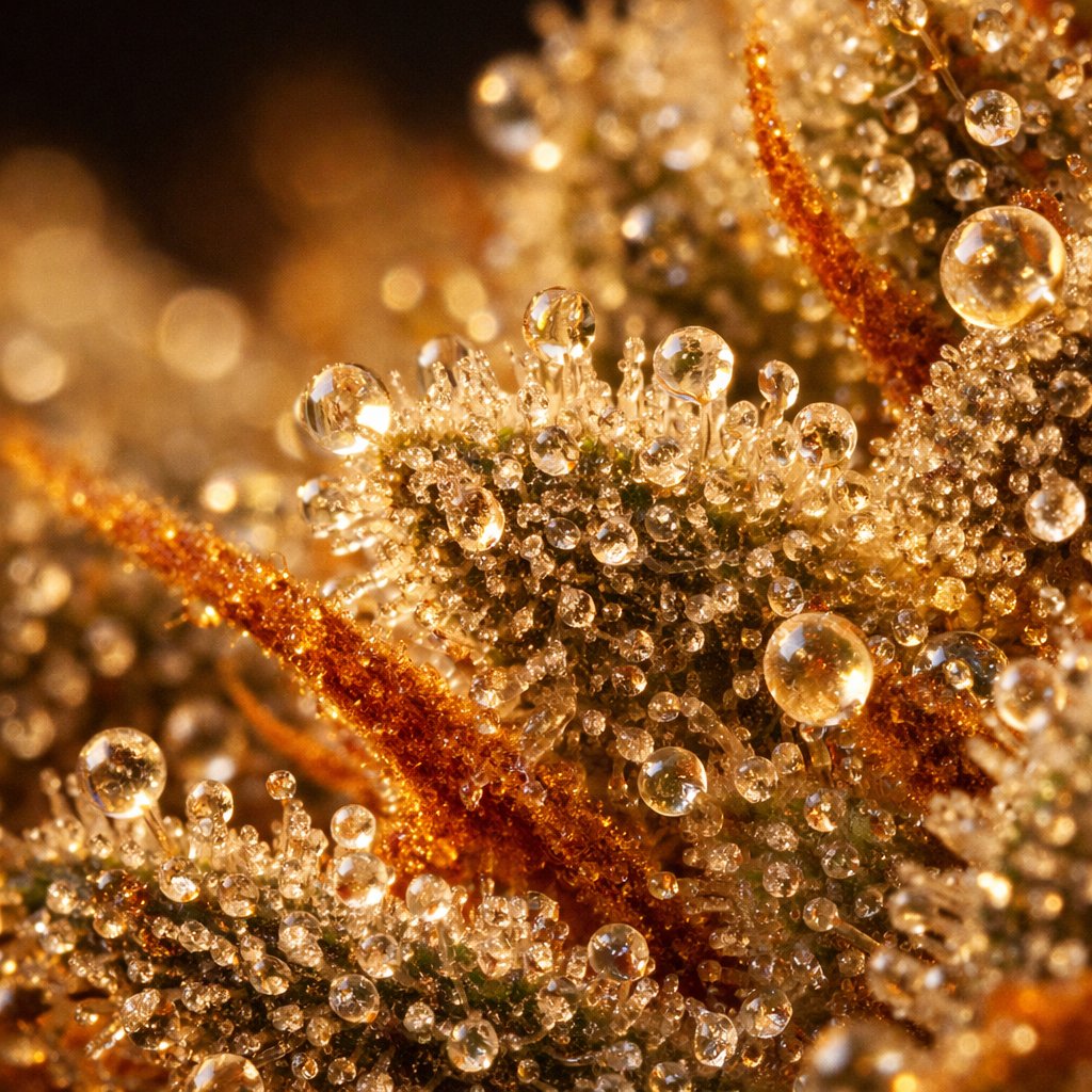 Gros plan macro sur les trichomes résineux d'une fleur CBD