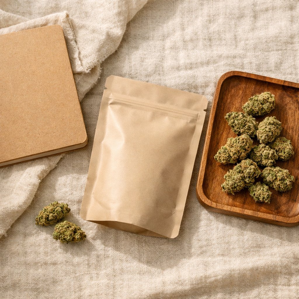 Flat-lay avec fleurs CBD, carnet kraft et plateau en bois