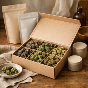 Boîte ouverte avec fleurs CBD séchées et emballages neutres sur surface en bois clair