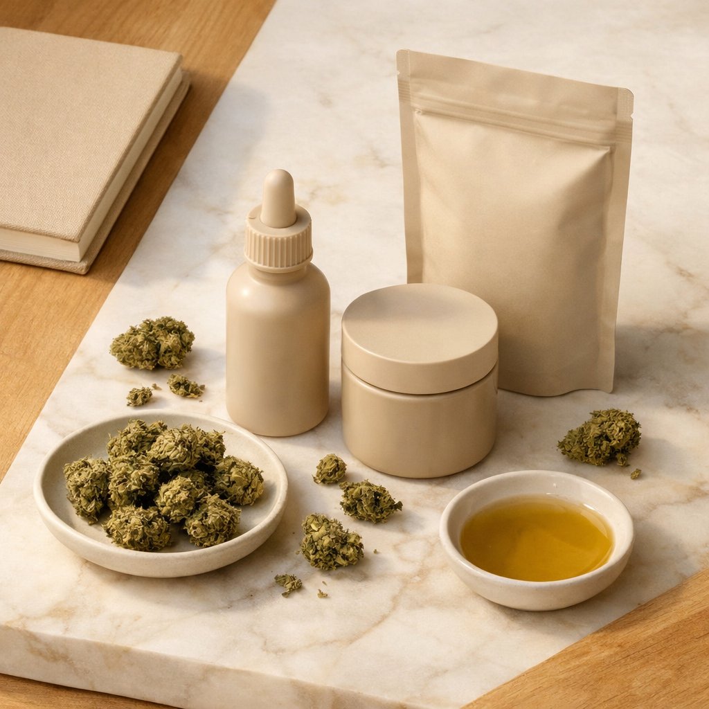 Vue flat-lay de fleurs CBD et emballages neutres sur surface en marbre et bois