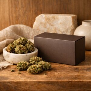 Composition statique de fleurs CBD séchées et packaging mat sur bois naturel