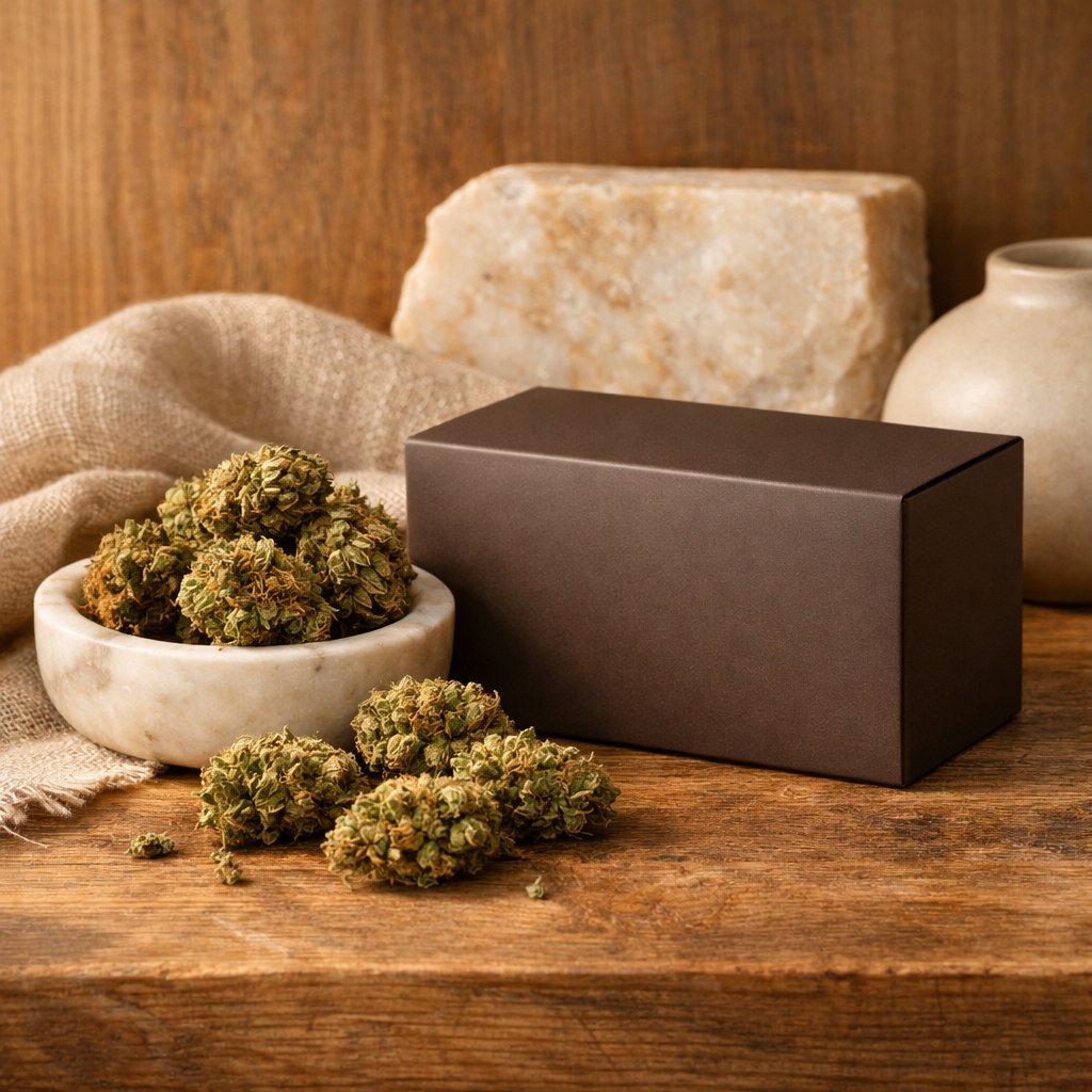 Composition statique de fleurs CBD séchées et packaging mat sur bois naturel