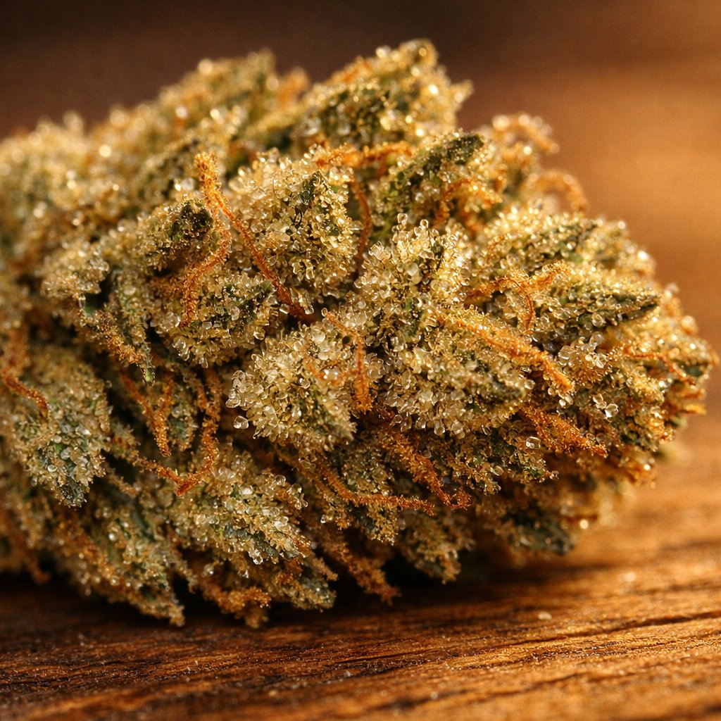 Détail macro des trichomes résineux sur fleurs CBD séchées