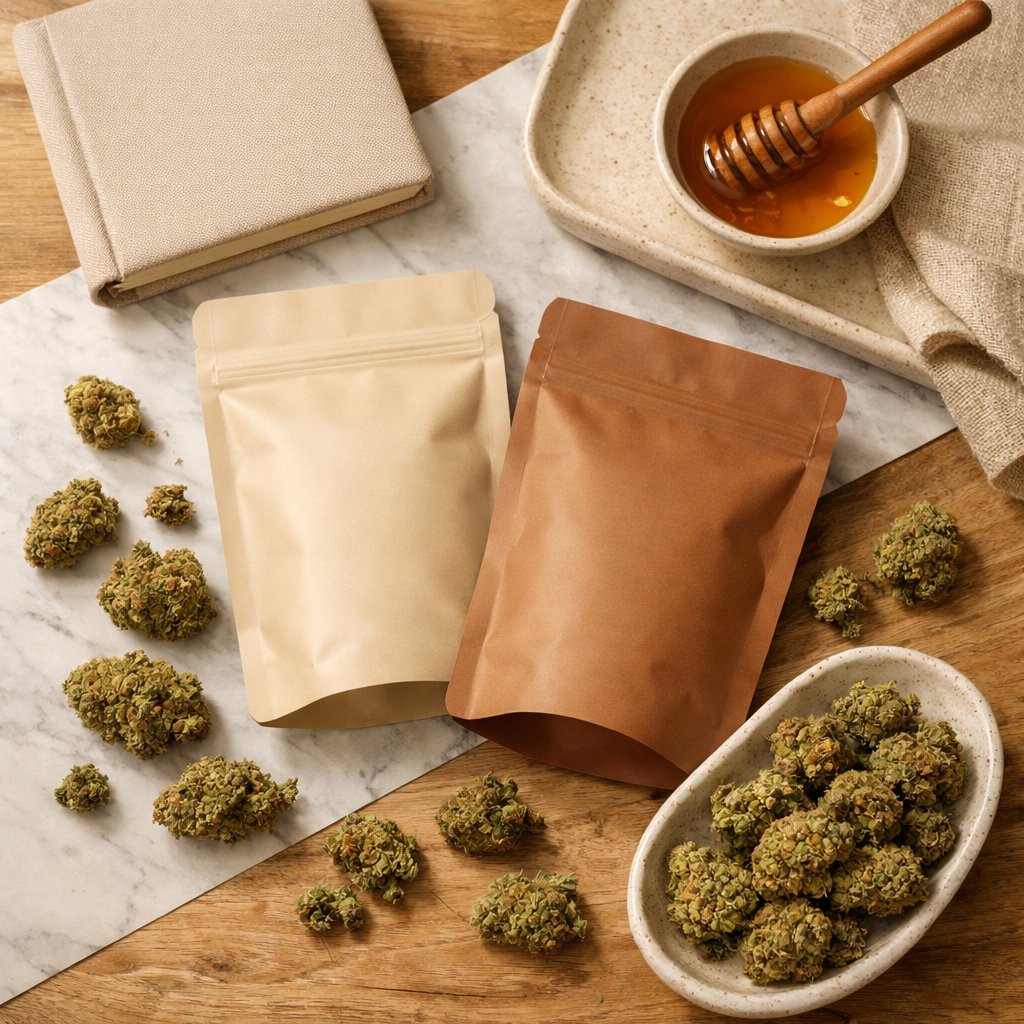 Flat-lay de fleurs CBD séchées avec packaging mat et accessoires lifestyle