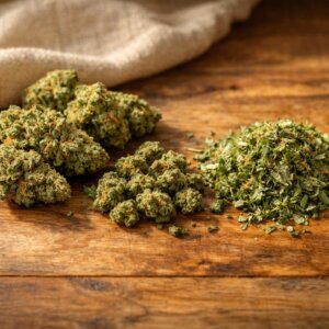 Composition statique de small buds, mini buds et trim CBD sur bois naturel