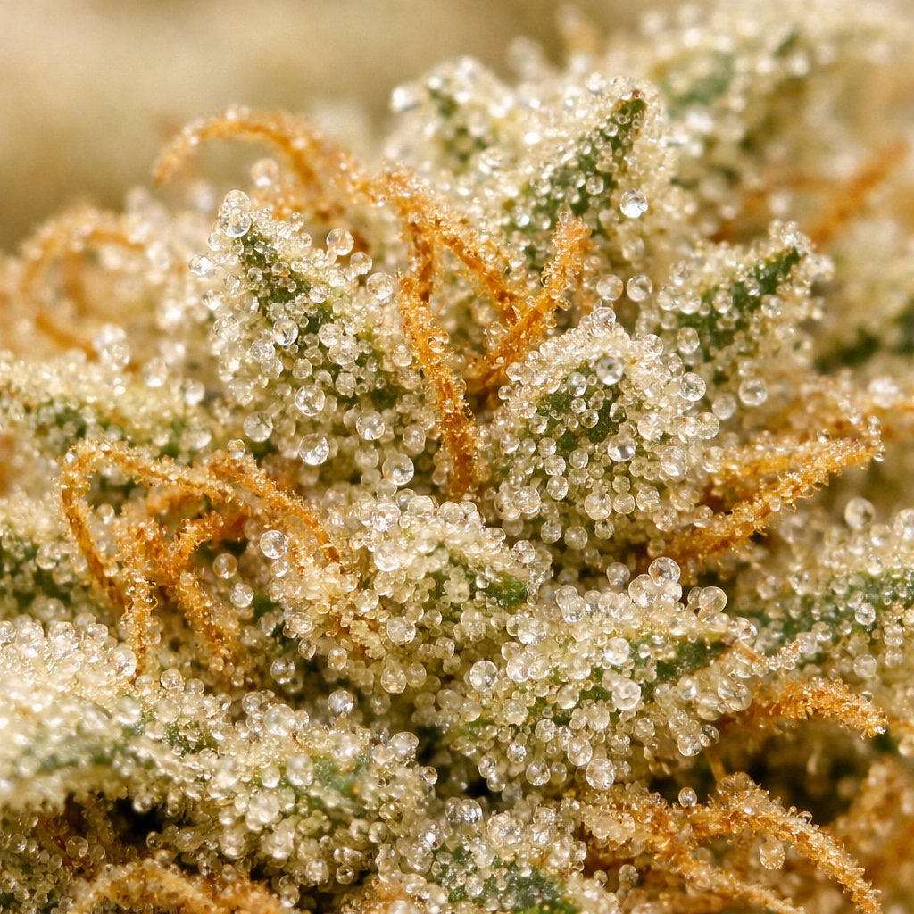 Détail macro des trichomes et résine sur small bud CBD