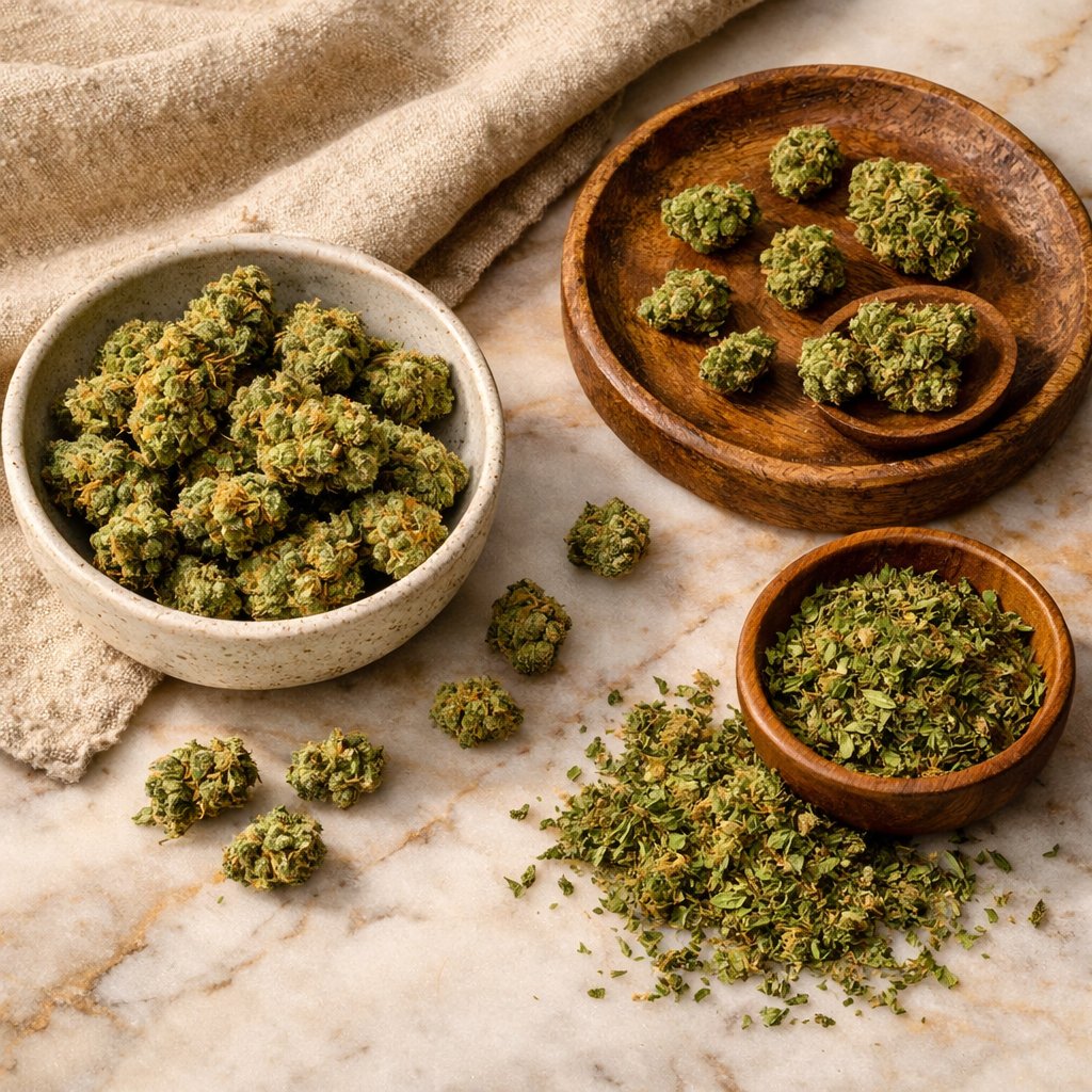 Flat lay de small buds, mini buds et trim CBD avec accessoires neutres