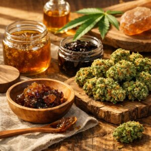 Scène éditoriale CBD mettant en valeur une résine et fleurs sur bois naturel et lin