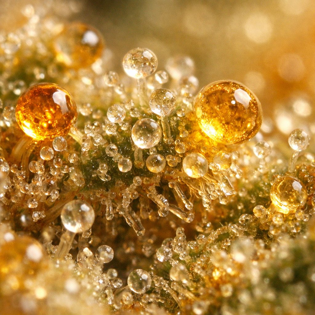 Gros plan macro sur les trichomes et cristaux d'une résine CBD ambrée