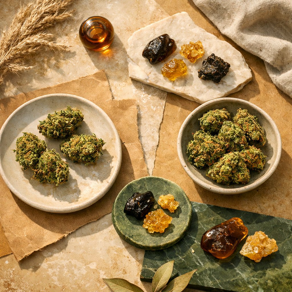 Flat-lay soigné de fleurs CBD, résines et accessoires neutres sur marbre et céramique