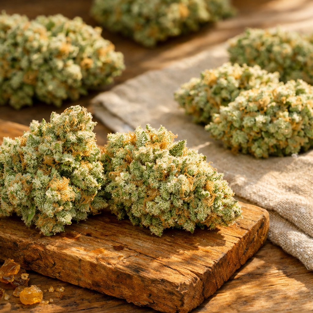 Fleurs de White Widow CBD greenhouse sur surface bois et lin naturel