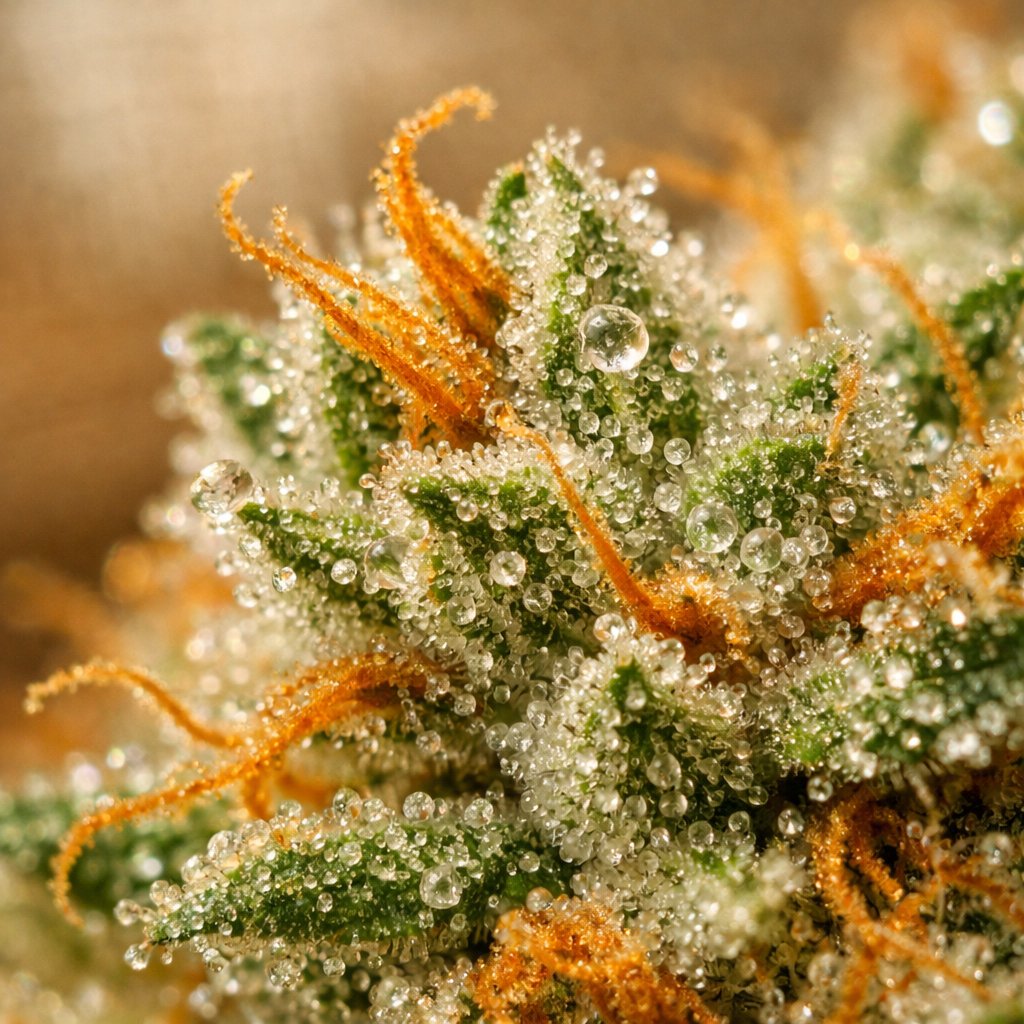 Détail macro des trichomes et résine sur fleur White Widow CBD greenhouse