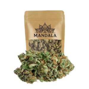 Mantra outdoor 50g cbd, fleur compacte vert olive avec reflets ambrés, variété Mantra de la marque Mandala