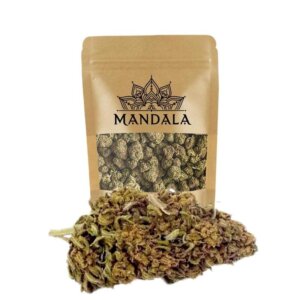 Fleur nirvana cbd Mandala 10 g aux têtes vertes compactes et reflets ambrés, variété outdoor en chanvre certifié UE