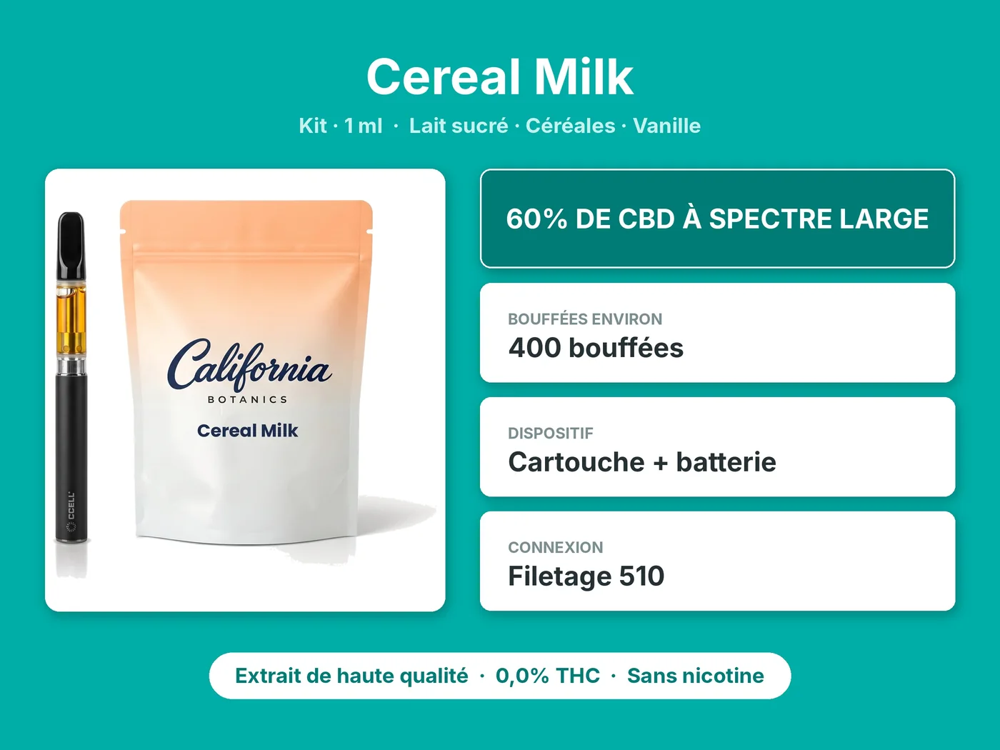 Caractéristiques de Kit Vape CBD Cereal Milk California Botanics 1 ml