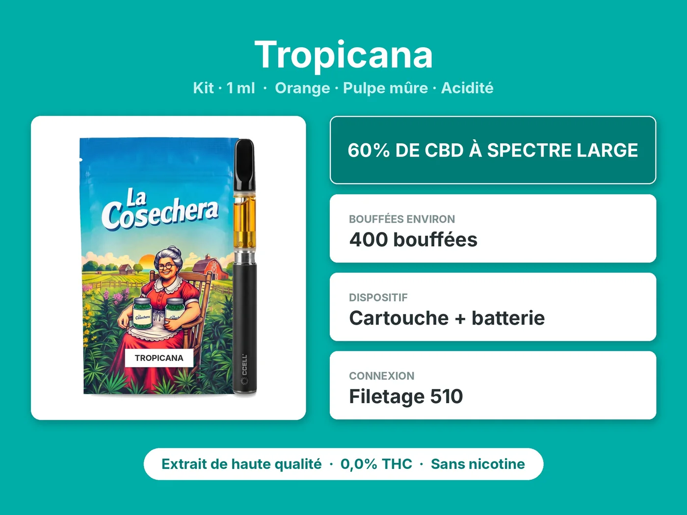 Caractéristiques de Kit Vape CBD Tropicana La Cosechera 1 ml