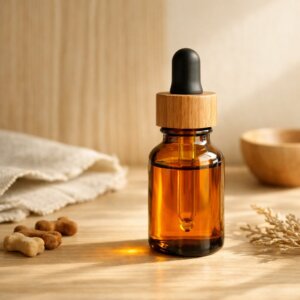 Bouteille d'huile CBD pour animaux avec textures naturelles en bois et lin
