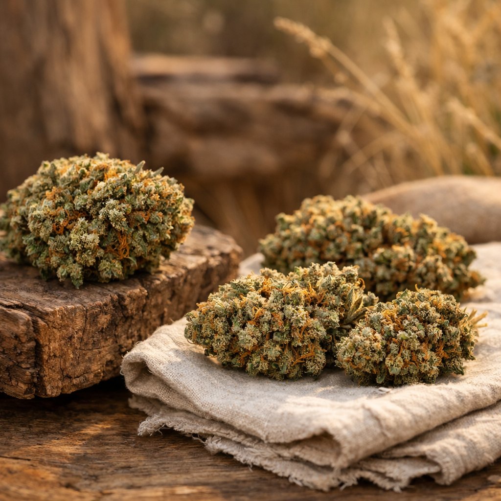 Champ de fleurs séchées de Cannabis sativa L. avec trichomes visibles et lumière naturelle douce