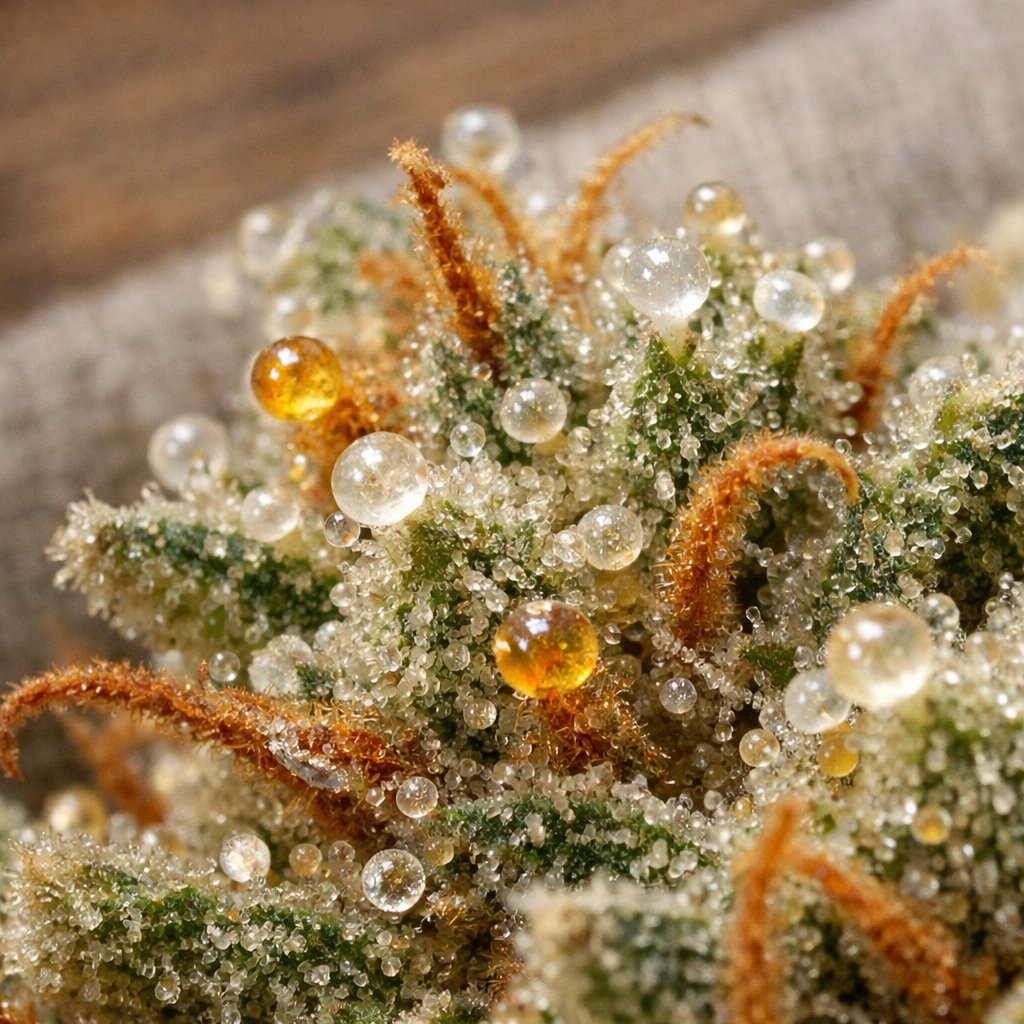 Macro des trichomes et résine d’une fleur séchée de Cannabis sativa L.