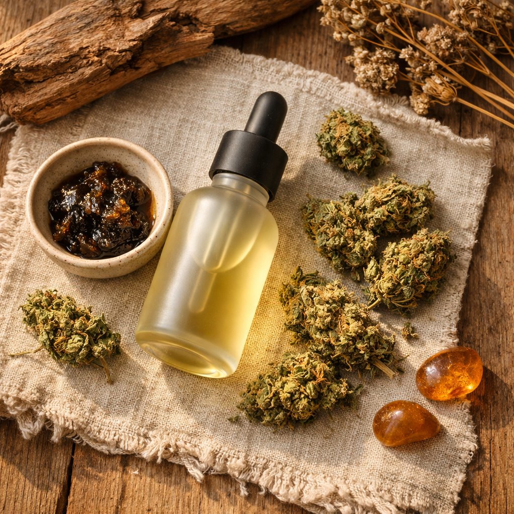 Composition flat-lay avec fleurs séchées de Cannabis sativa L., bouteille d’huile et résine sur bois et lin