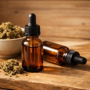 Huile CBD pour animaux posée sur une surface en bois naturel avec fleurs de chanvre séchées