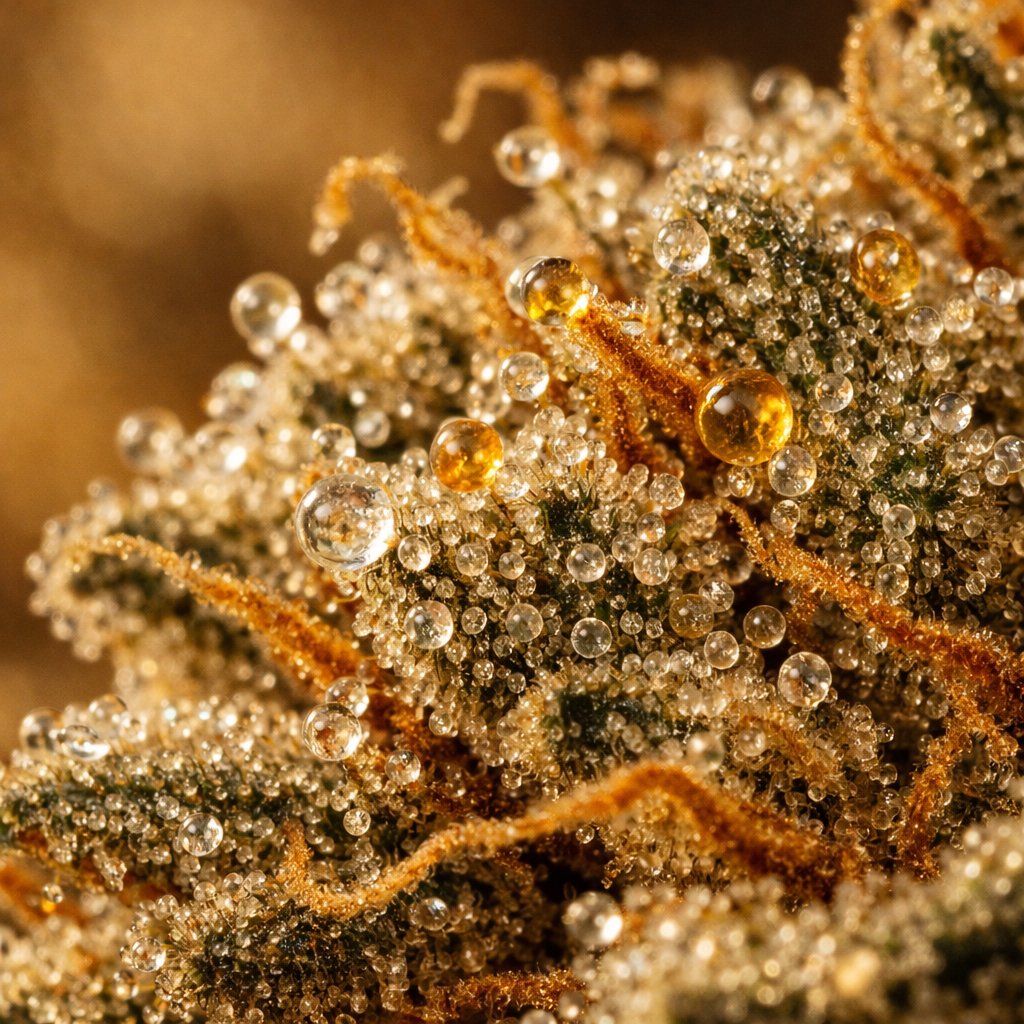 Gros plan macro sur les trichomes riches en résine d’une fleur de chanvre séchée