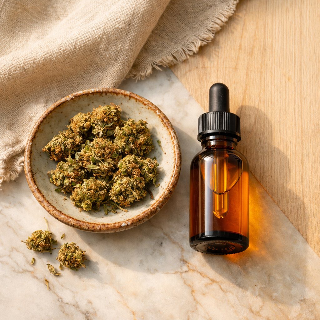Vue zénithale d’une huile CBD pour animaux avec fleurs de chanvre séchées et céramique rustique