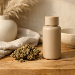 Scène élégante d'une fleur de CBD séchée et un flacon mat sur bois naturel