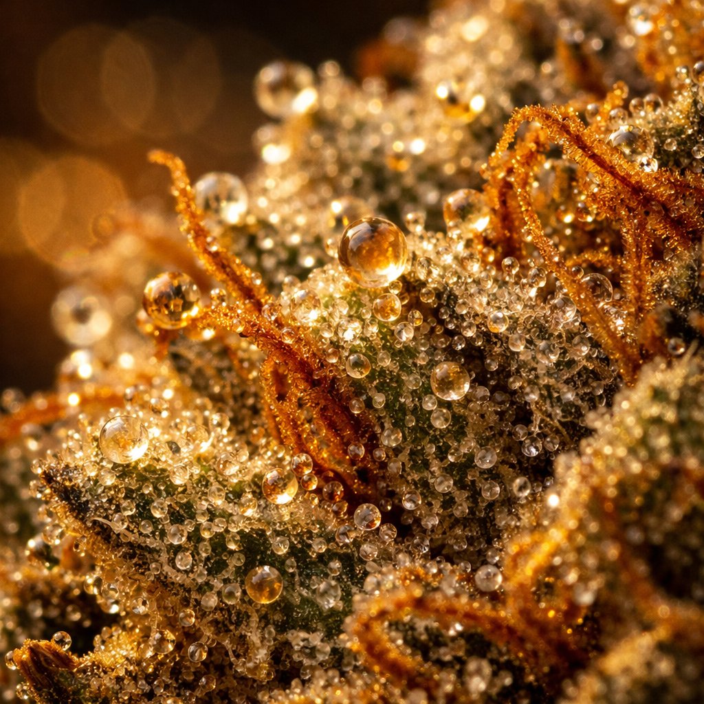 Gros plan macro des trichomes et résine sur fleur CBD séchée