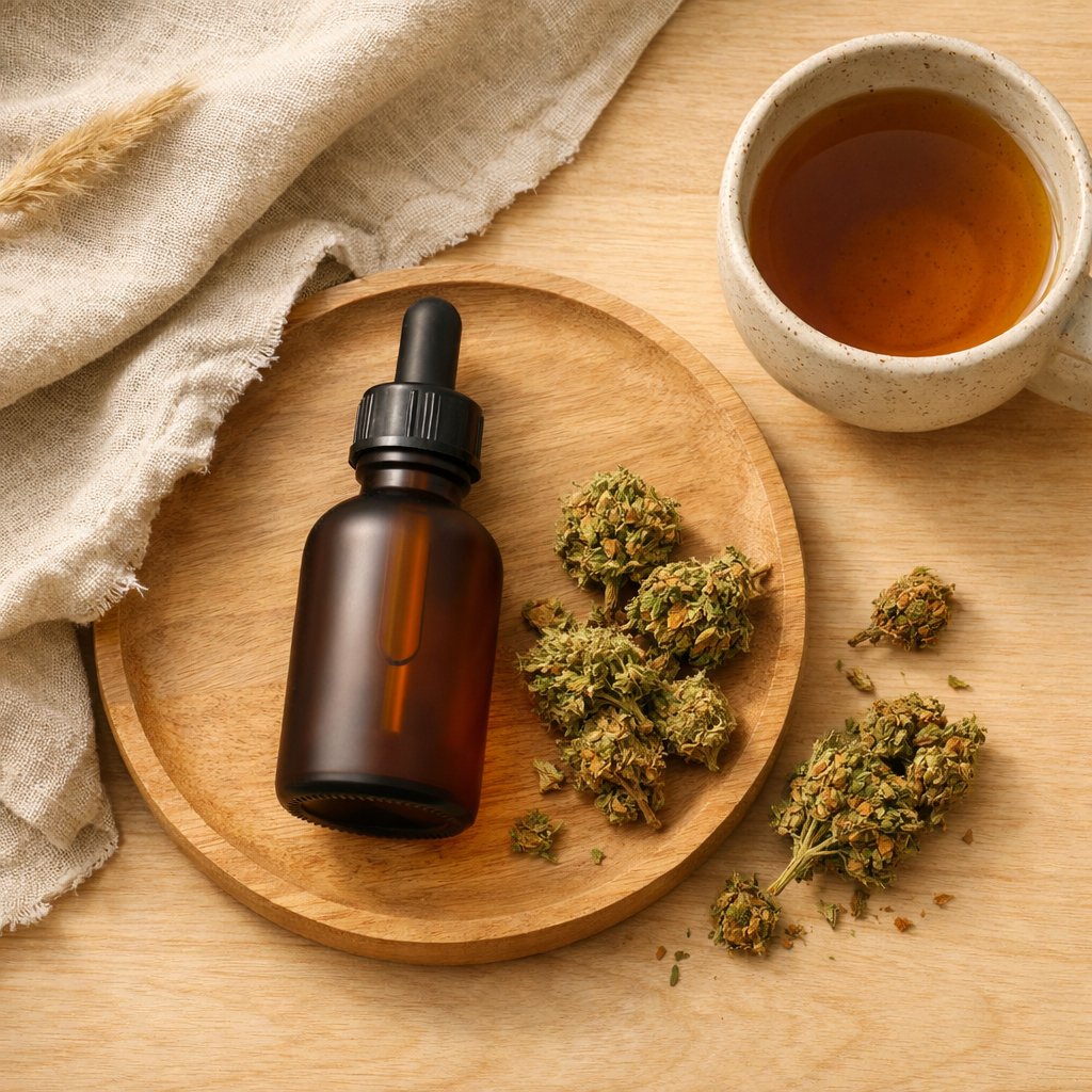 Vue zénithale d'un flacon d'huile CBD mat avec fleur séchée et accessoires naturels
